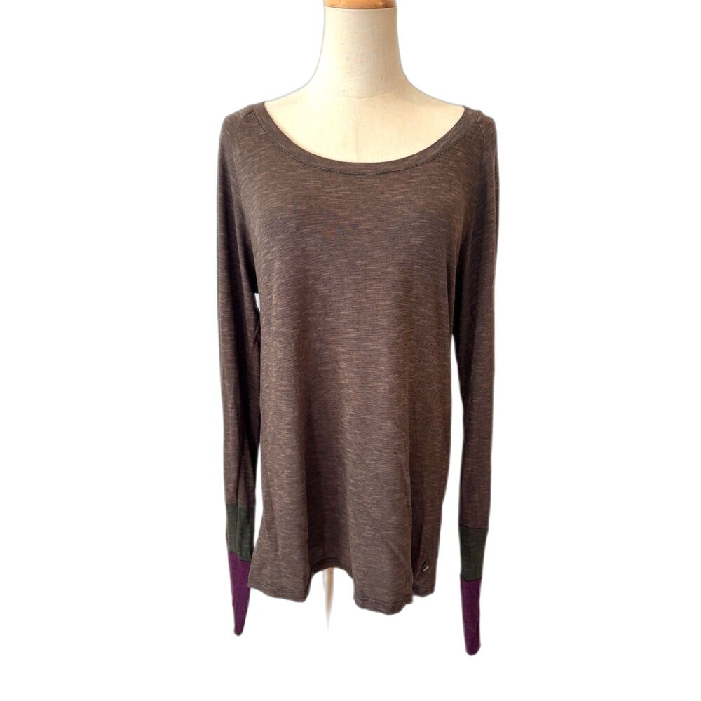 Toad&Co Brown Long Sleeve T-Shirt Organic Cotton Contrast Cuff Small Scoop Neck